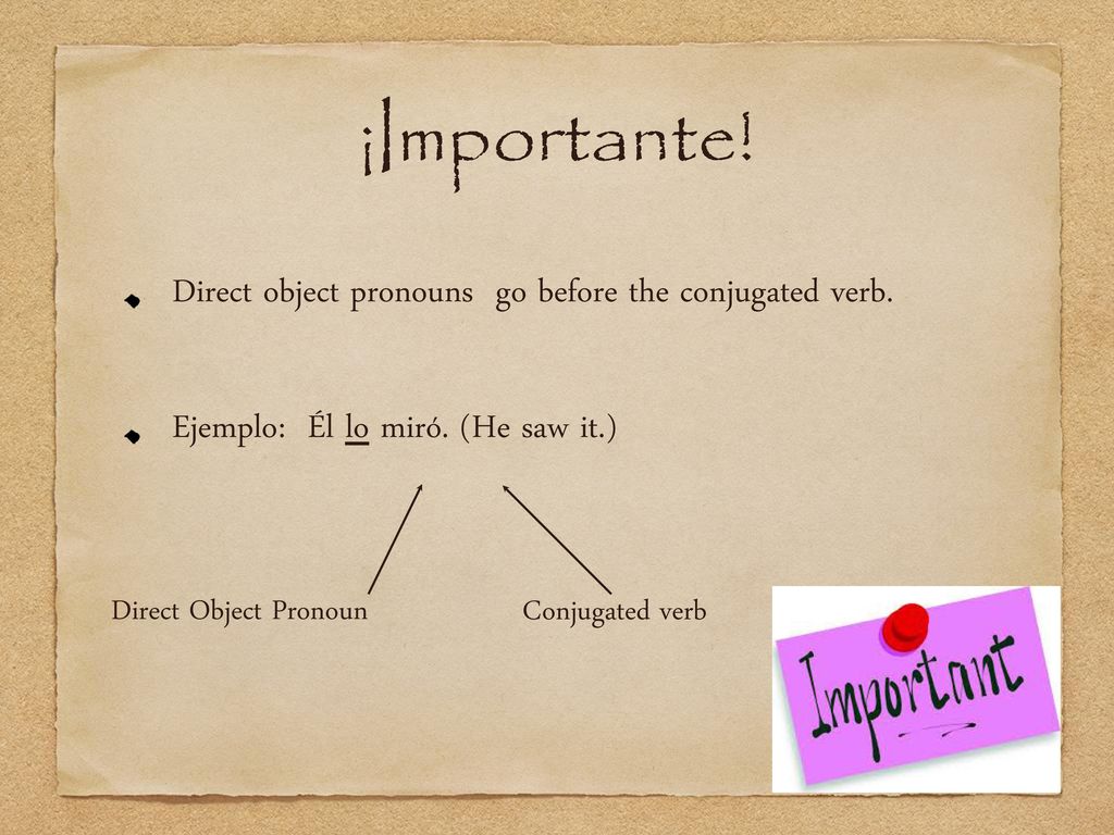 ¡Importante! Direct object pronouns go before the conjugated verb.