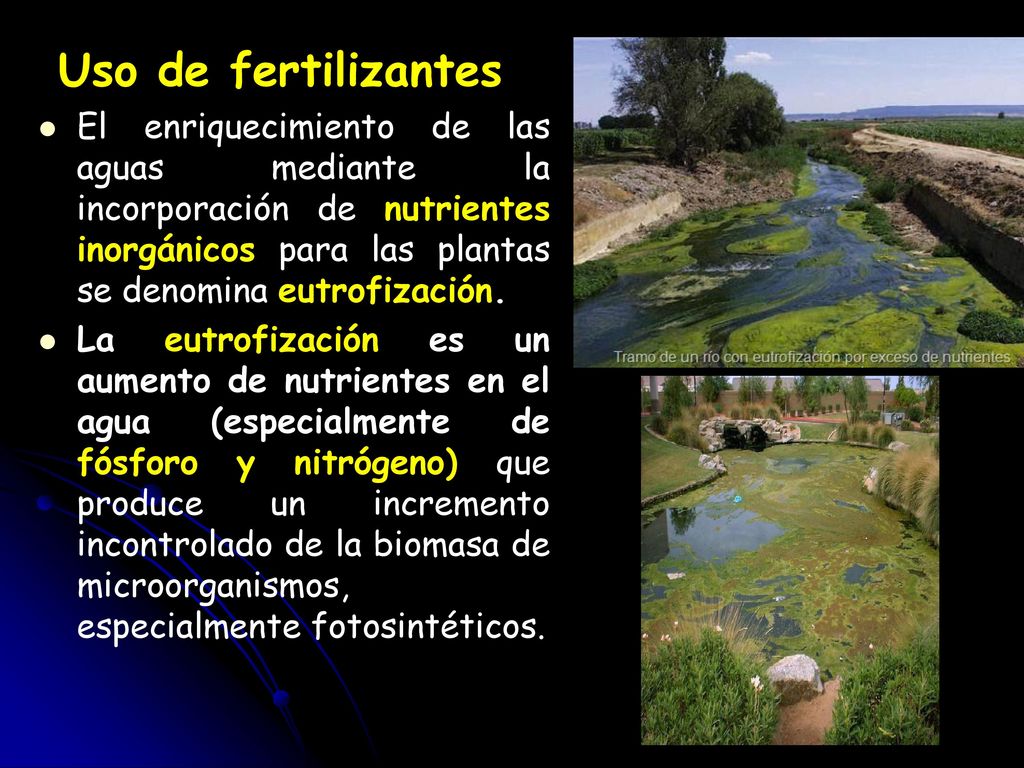 Uso de fertilizantes El enriquecimiento de las aguas mediante la incorporación de nutrientes inorgánicos para las plantas se denomina eutrofización.