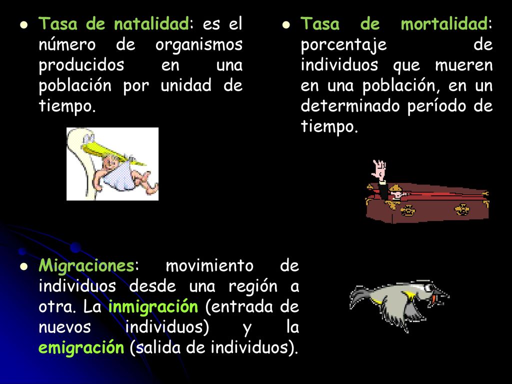 Tasa de natalidad: es el número de organismos producidos en una población por unidad de tiempo.