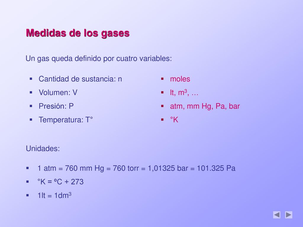 Medidas de los gases Un gas queda definido por cuatro variables: