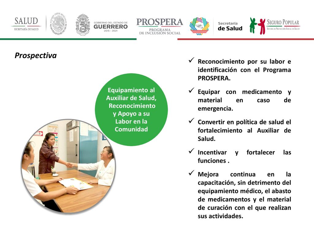 Prospectiva Reconocimiento por su labor e identificación con el Programa PROSPERA. Equipar con medicamento y material en caso de emergencia.