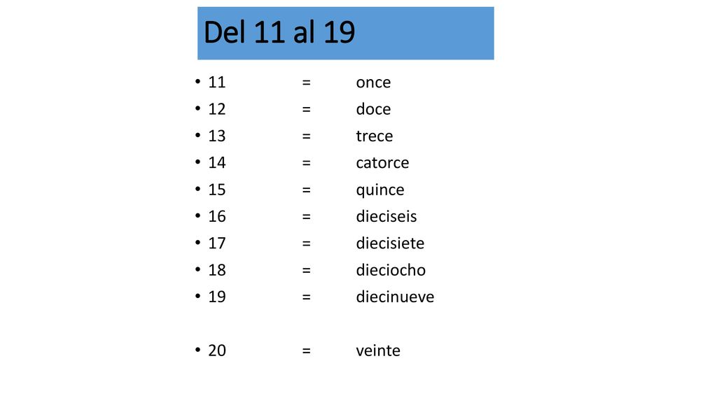 Del 11 al = once 12 = doce 13 = trece 14 = catorce 15 = quince