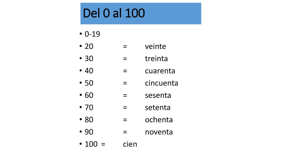 Del 0 al = veinte 30 = treinta 40 = cuarenta