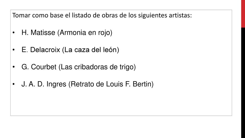 Tomar como base el listado de obras de los siguientes artistas:
