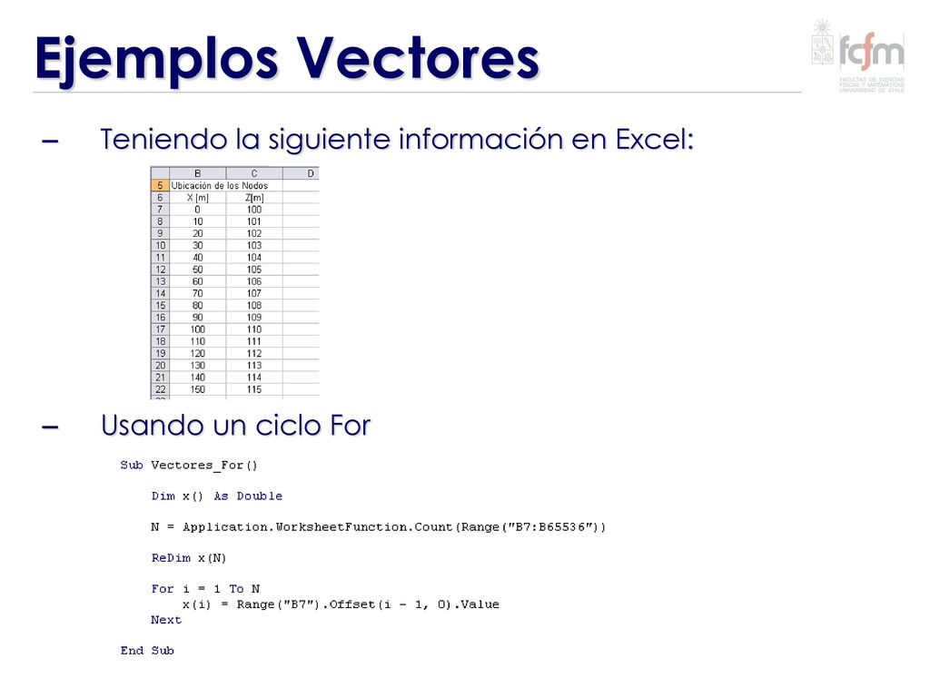 Ejemplos Vectores Teniendo la siguiente información en Excel: