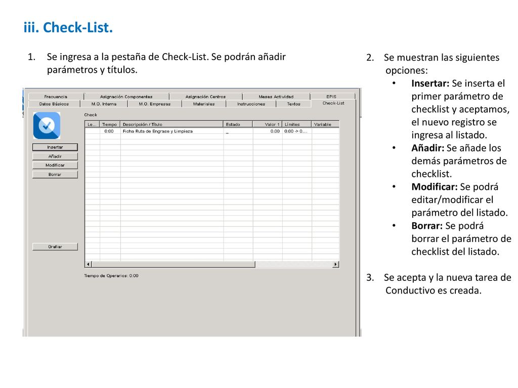 iii. Check-List. 2. Se muestran las siguientes opciones: