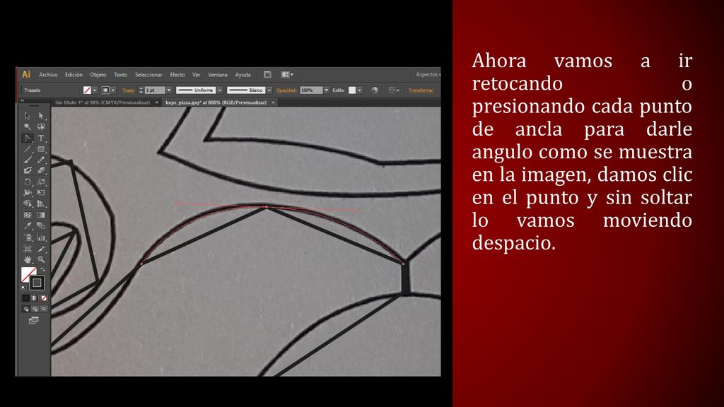 Ahora vamos a ir retocando o presionando cada punto de ancla para darle angulo como se muestra en la imagen, damos clic en el punto y sin soltar lo vamos moviendo despacio.