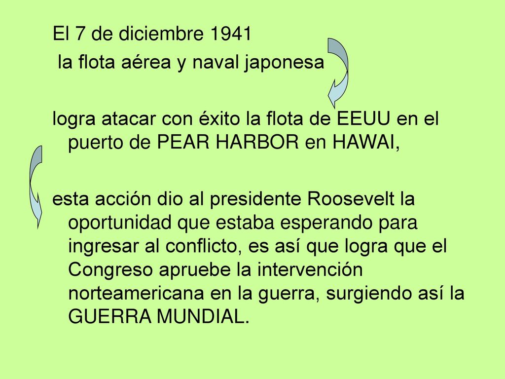 El 7 de diciembre 1941 la flota aérea y naval japonesa. logra atacar con éxito la flota de EEUU en el puerto de PEAR HARBOR en HAWAI,