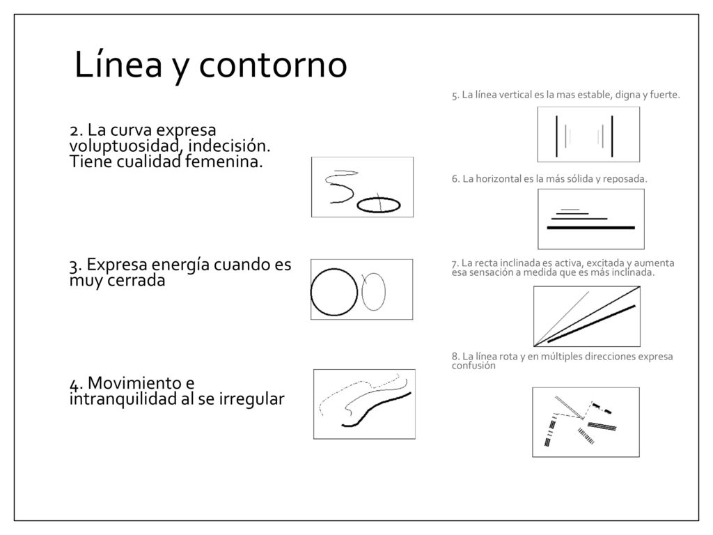Línea y contorno 5. La línea vertical es la mas estable, digna y fuerte. 6. La horizontal es la más sólida y reposada.