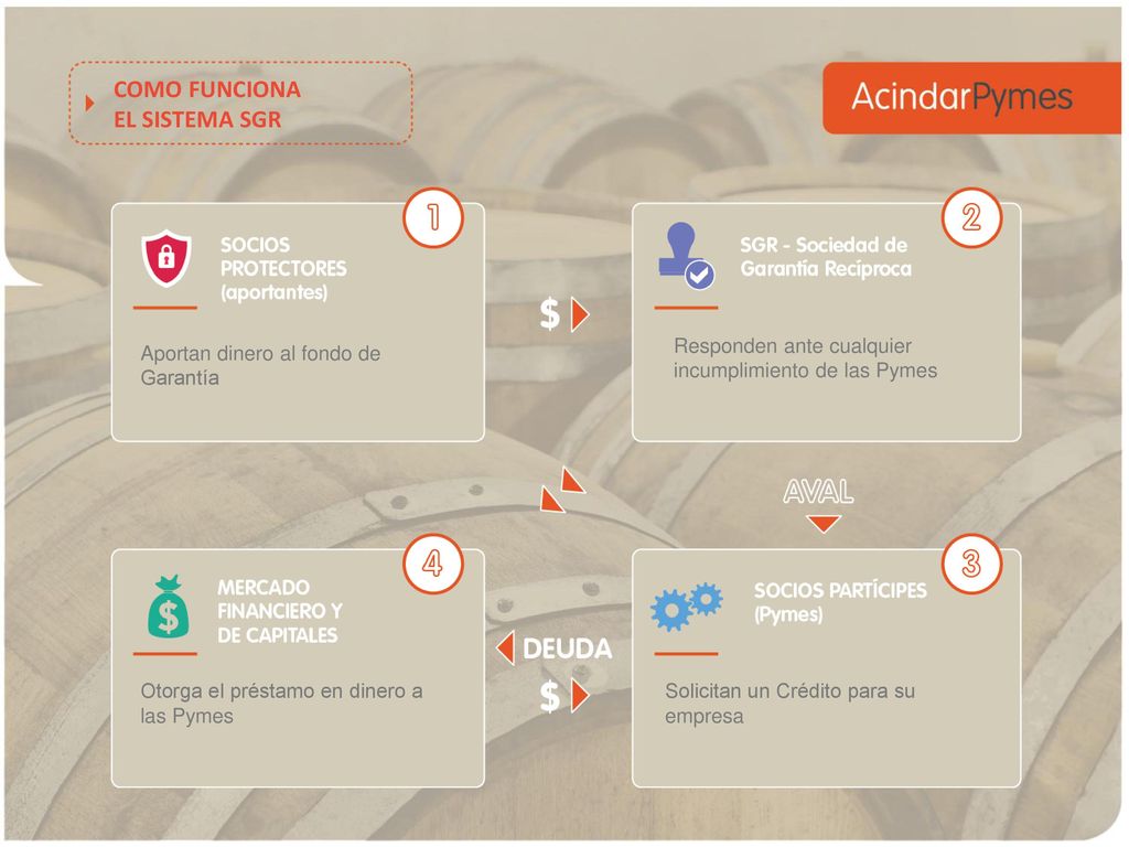 COMO FUNCIONA EL SISTEMA SGR Aportan dinero al fondo de Garantía
