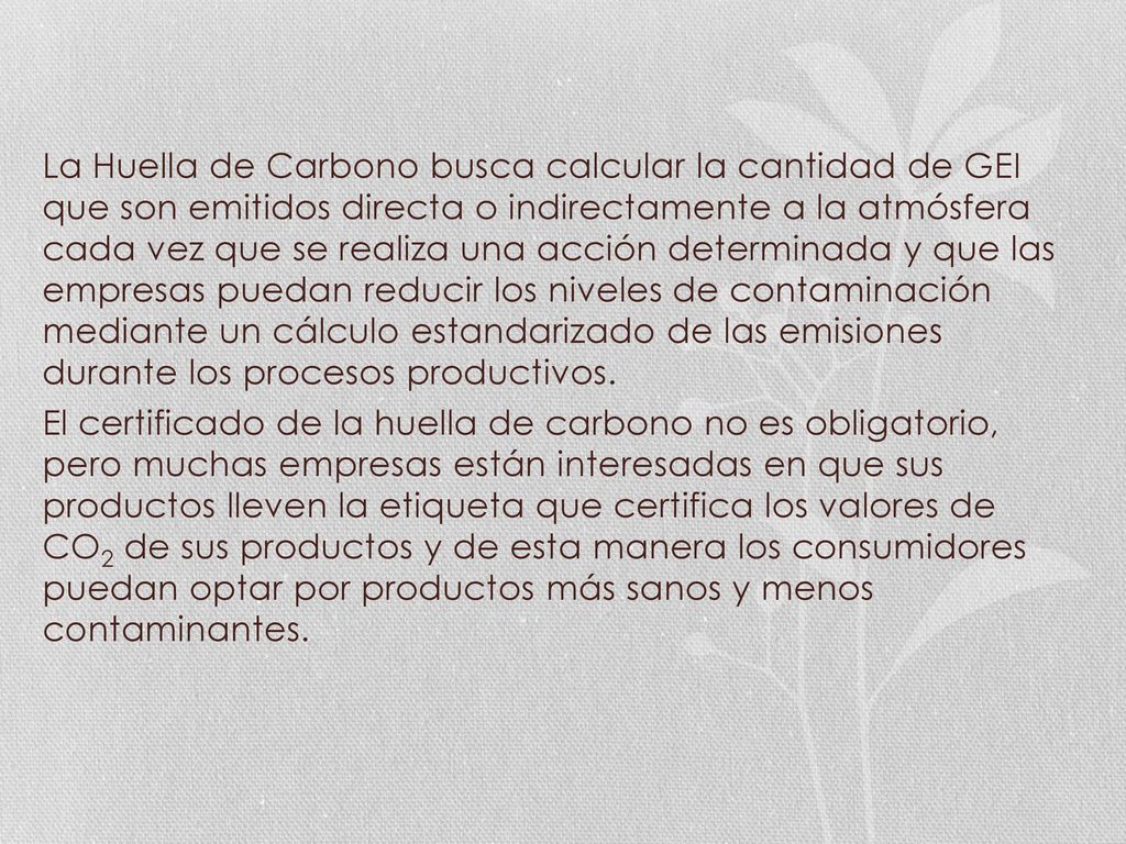 La Huella de Carbono busca calcular la cantidad de GEI que son emitidos directa o indirectamente a la atmósfera cada vez que se realiza una acción determinada y que las empresas puedan reducir los niveles de contaminación mediante un cálculo estandarizado de las emisiones durante los procesos productivos.