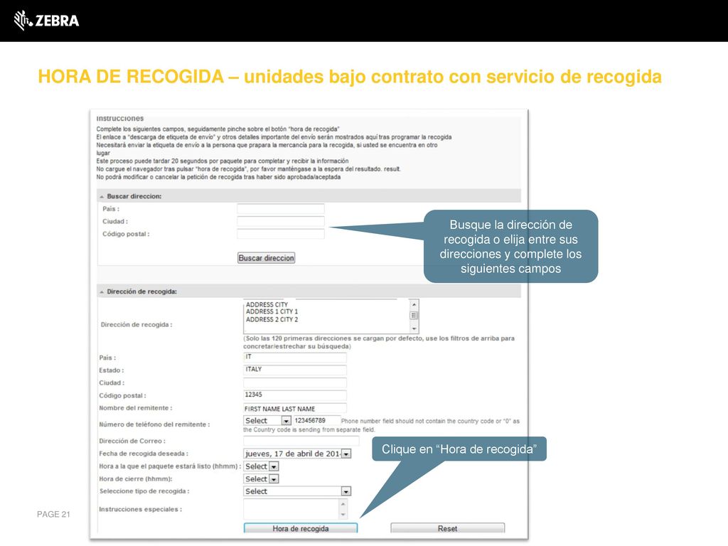 HORA DE RECOGIDA – unidades bajo contrato con servicio de recogida