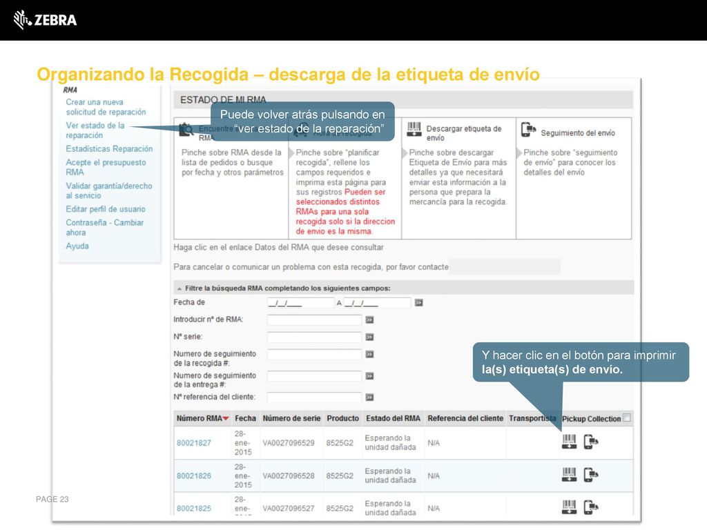 Organizando la Recogida – descarga de la etiqueta de envío