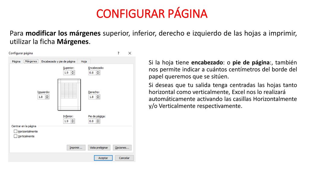 CONFIGURAR PÁGINA Para modificar los márgenes superior, inferior, derecho e izquierdo de las hojas a imprimir, utilizar la ficha Márgenes.