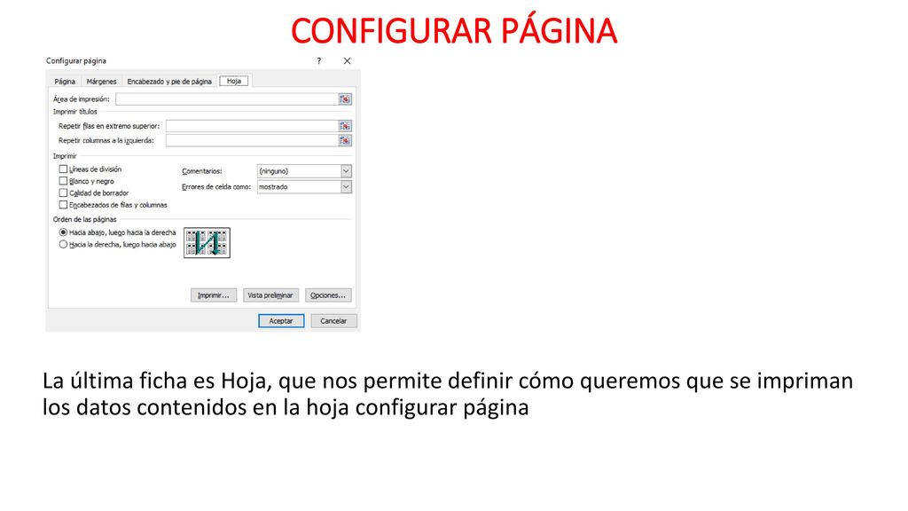 CONFIGURAR PÁGINA La última ficha es Hoja, que nos permite definir cómo queremos que se impriman los datos contenidos en la hoja configurar página.