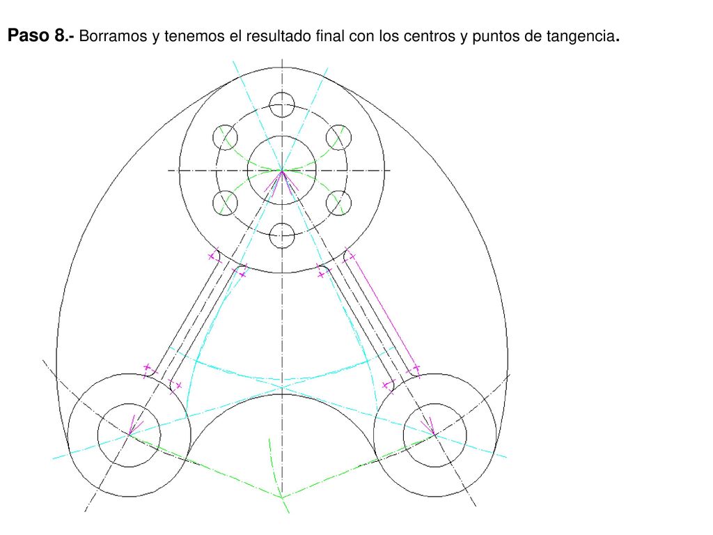 Paso 8.- Borramos y tenemos el resultado final con los centros y puntos de tangencia.