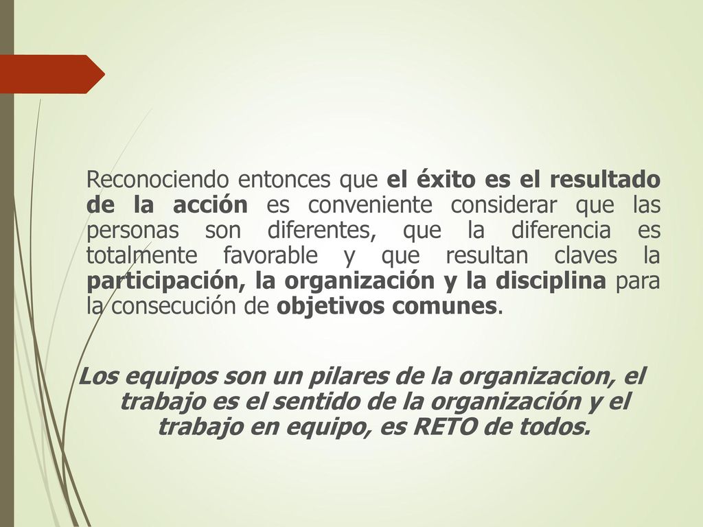 Reconociendo entonces que el éxito es el resultado de la acción es conveniente considerar que las personas son diferentes, que la diferencia es totalmente favorable y que resultan claves la participación, la organización y la disciplina para la consecución de objetivos comunes.