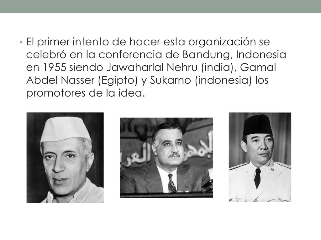 El primer intento de hacer esta organización se celebró en la conferencia de Bandung, Indonesia en 1955 siendo Jawaharlal Nehru (india), Gamal Abdel Nasser (Egipto) y Sukarno (indonesia) los promotores de la idea.