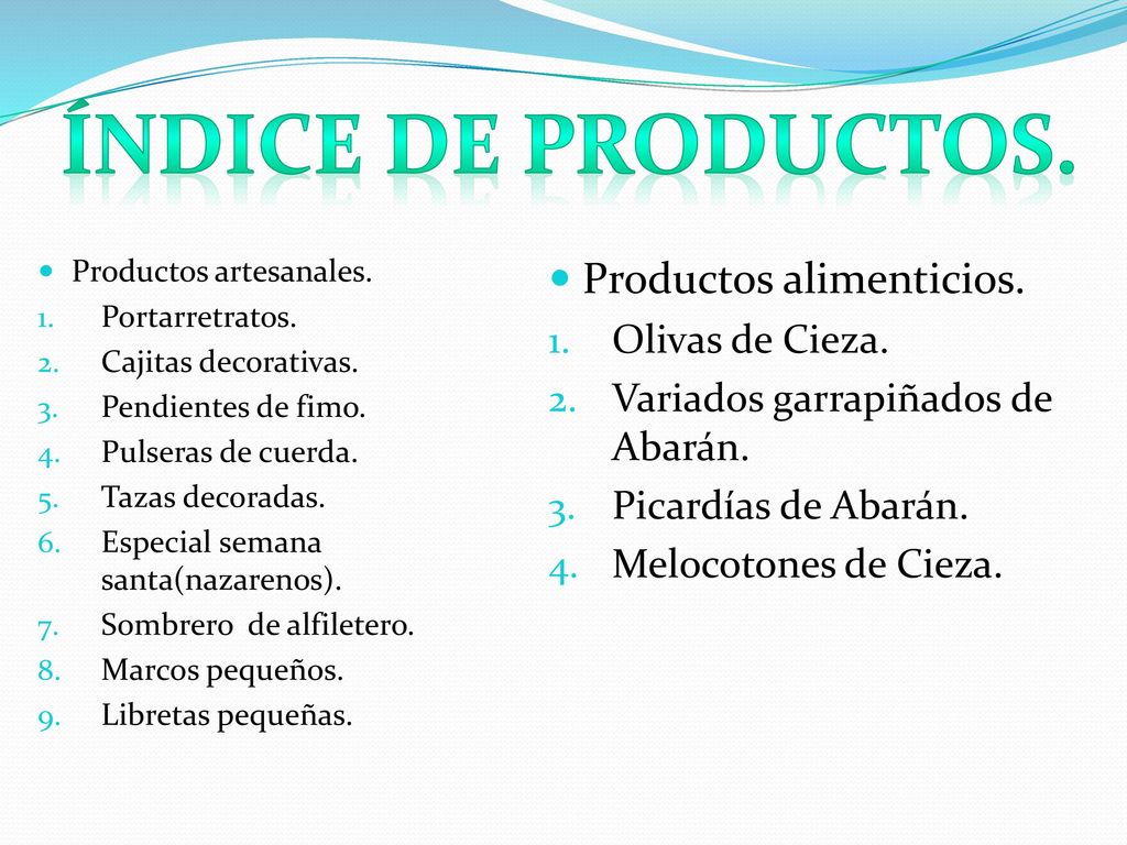 Índice de productos. Productos alimenticios. Olivas de Cieza.