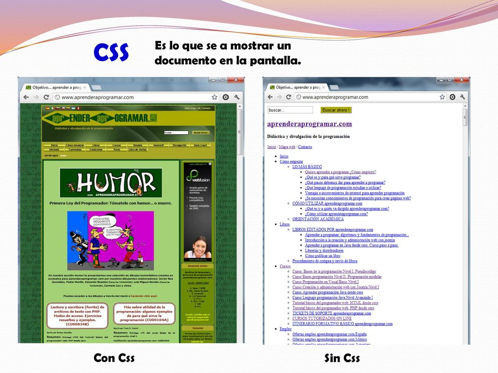 CSS Es lo que se a mostrar un documento en la pantalla. Con Css