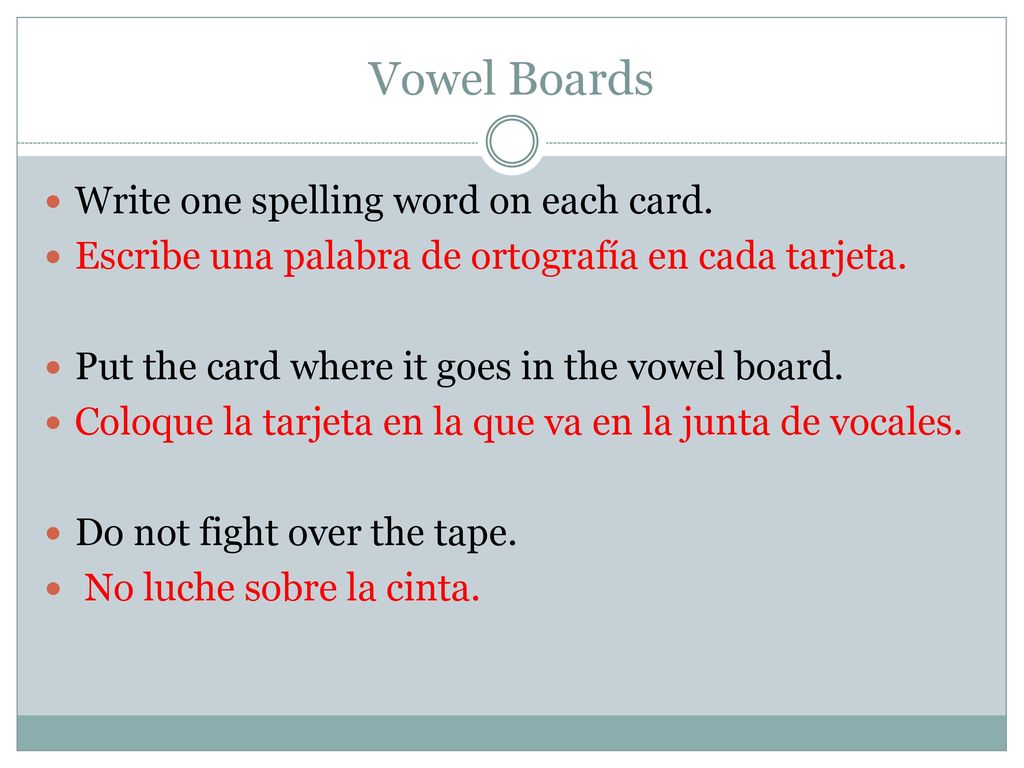Vowel Boards Write one spelling word on each card.