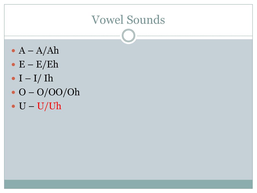 Vowel Sounds A – A/Ah E – E/Eh I – I/ Ih O – O/OO/Oh U – U/Uh