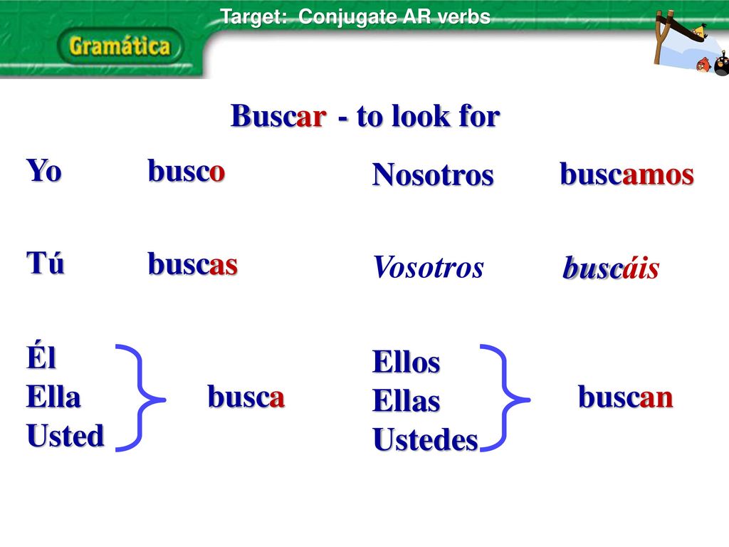 Busc - to look for ar Yo Tú Él Ella Usted busc o Nosotros Vosotros