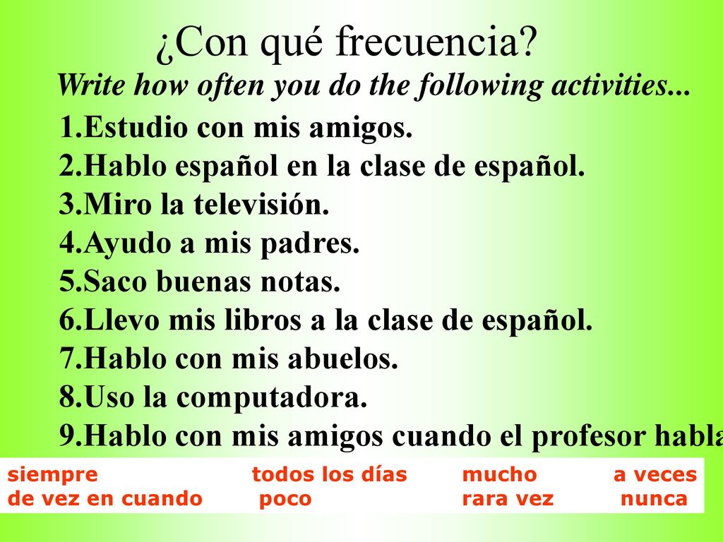 ¿Con qué frecuencia Write how often you do the following activities... 1.Estudio con mis amigos. 2.Hablo español en la clase de español.