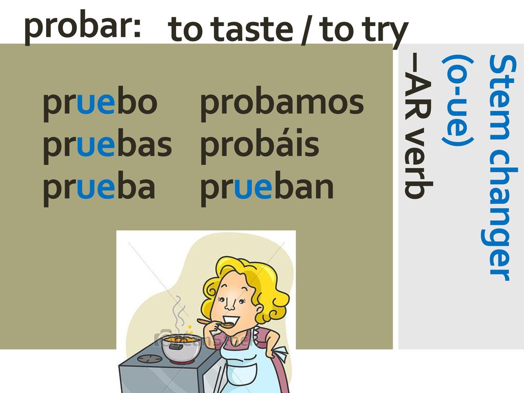 probar: to taste / to try. pruebo probamos. pruebas probáis. prueba prueban. Stem changer. (o-ue)