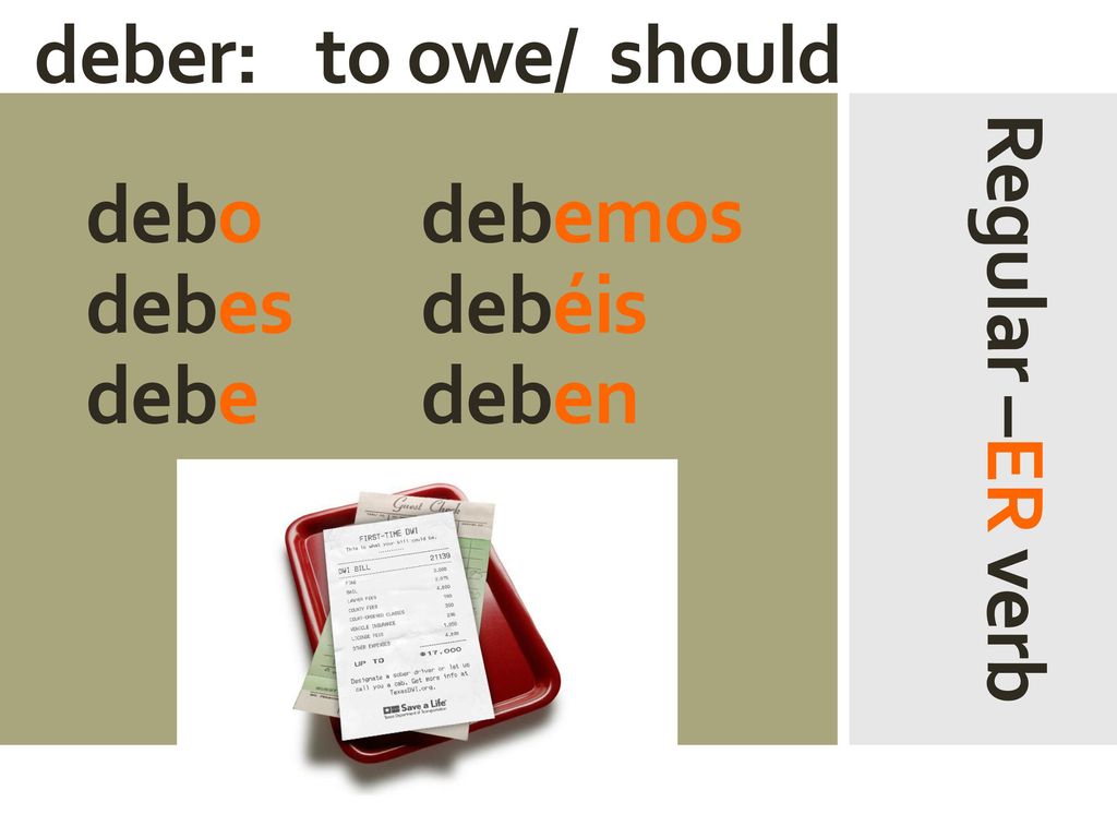 deber: to owe/ should debo debemos debes debéis debe deben Regular –ER verb