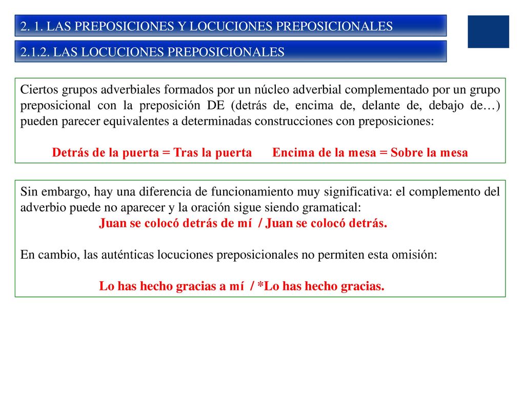 Detrás de la puerta = Tras la puerta Encima de la mesa = Sobre la mesa