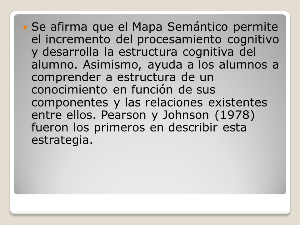 Se afirma que el Mapa Semántico permite el incremento del procesamiento cognitivo y desarrolla la estructura cognitiva del alumno.