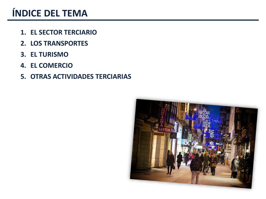 ÍNDICE DEL TEMA EL SECTOR TERCIARIO LOS TRANSPORTES EL TURISMO