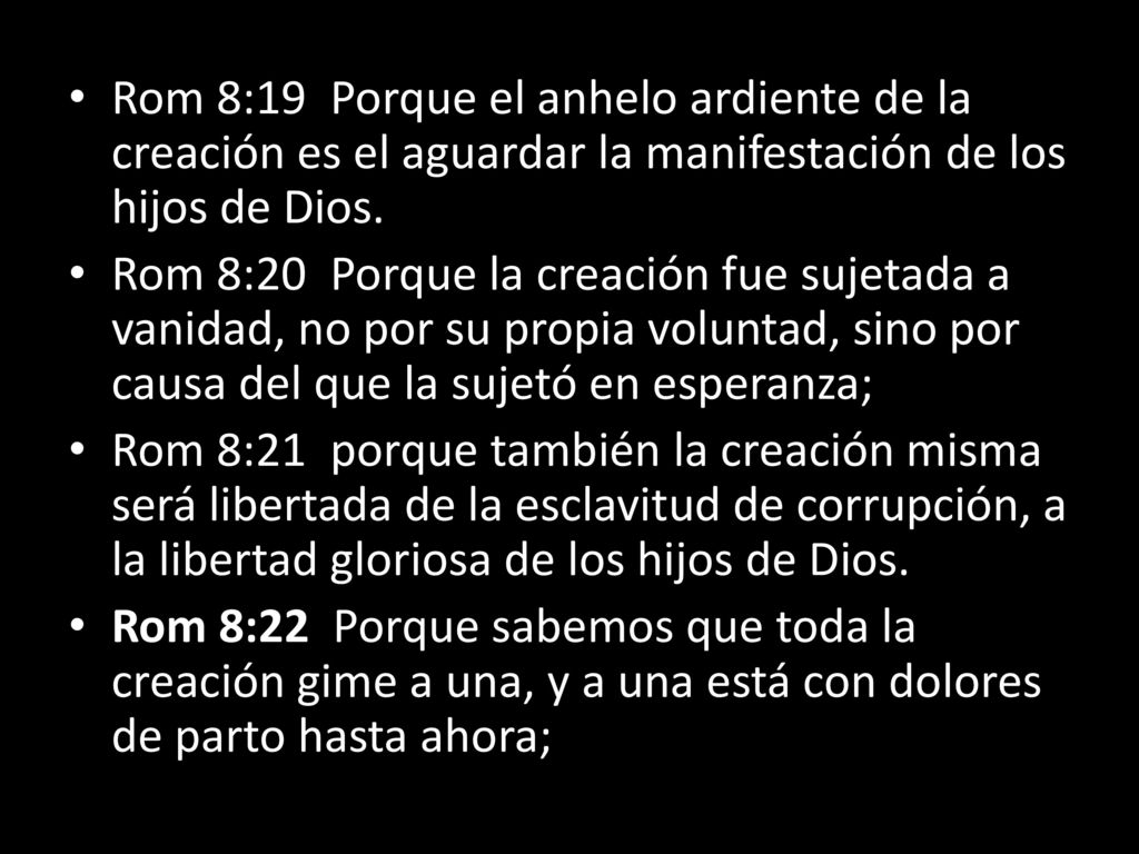 Rom 8:19 Porque el anhelo ardiente de la creación es el aguardar la manifestación de los hijos de Dios.