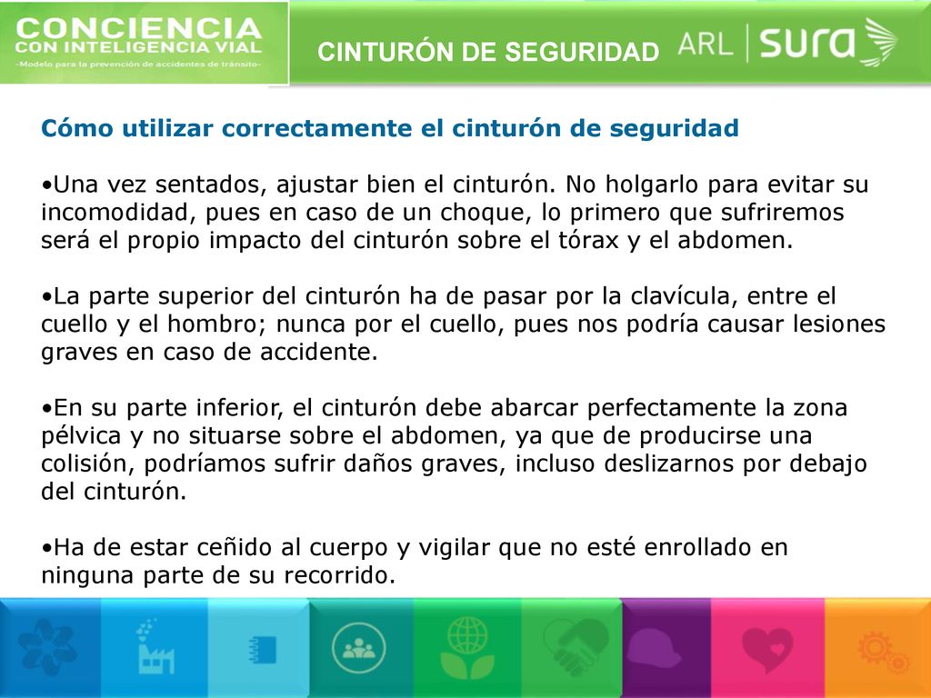 CINTURÓN DE SEGURIDAD Cómo utilizar correctamente el cinturón de seguridad.