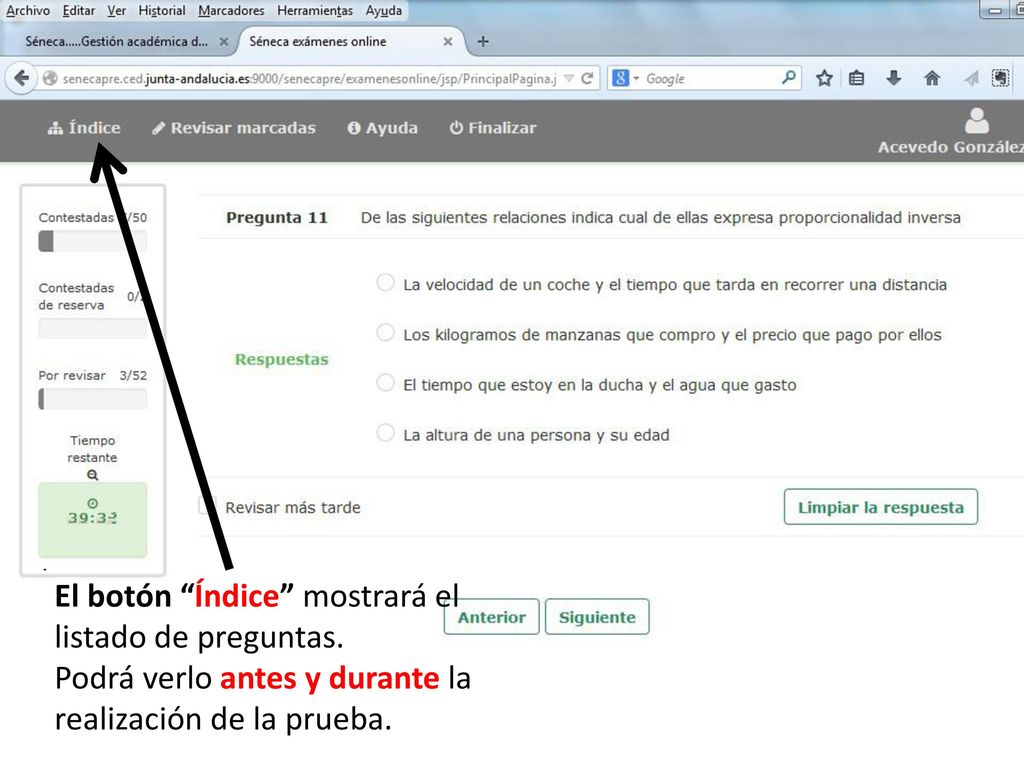 El botón Índice mostrará el listado de preguntas.