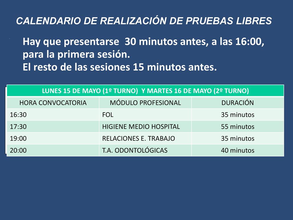 LUNES 15 DE MAYO (1º TURNO) Y MARTES 16 DE MAYO (2º TURNO)