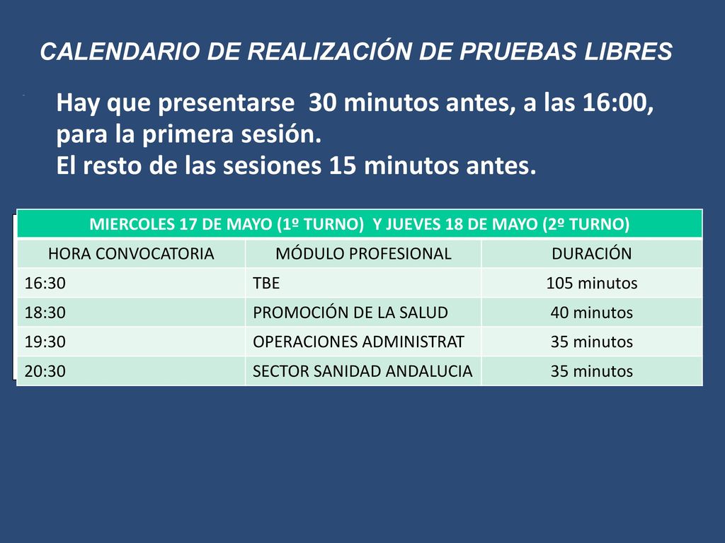 MIERCOLES 17 DE MAYO (1º TURNO) Y JUEVES 18 DE MAYO (2º TURNO)