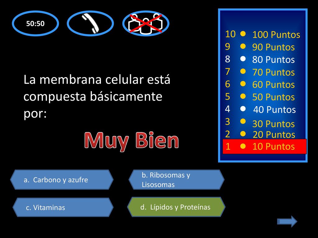 Muy Bien La membrana celular está compuesta básicamente por: 10