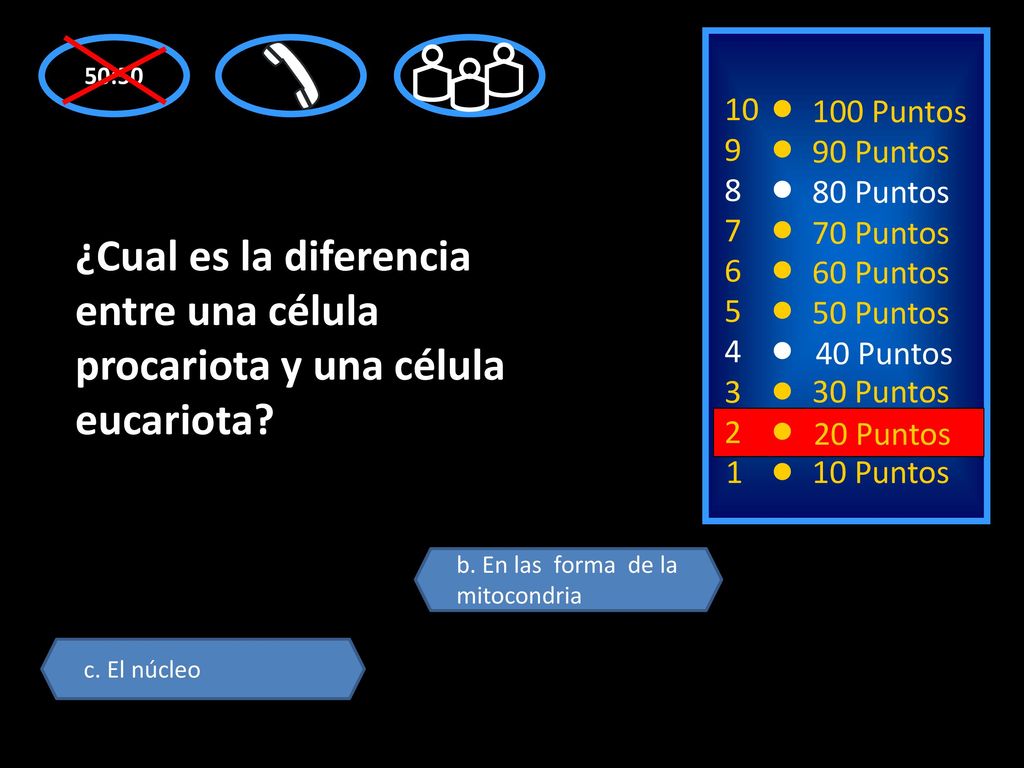 50: Puntos Puntos Puntos Puntos. ¿Cual es la diferencia entre una célula procariota y una célula eucariota