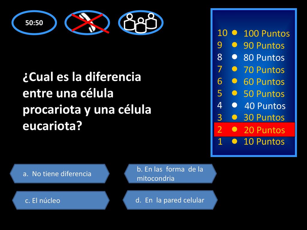 50: Puntos Puntos Puntos Puntos. ¿Cual es la diferencia entre una célula procariota y una célula eucariota