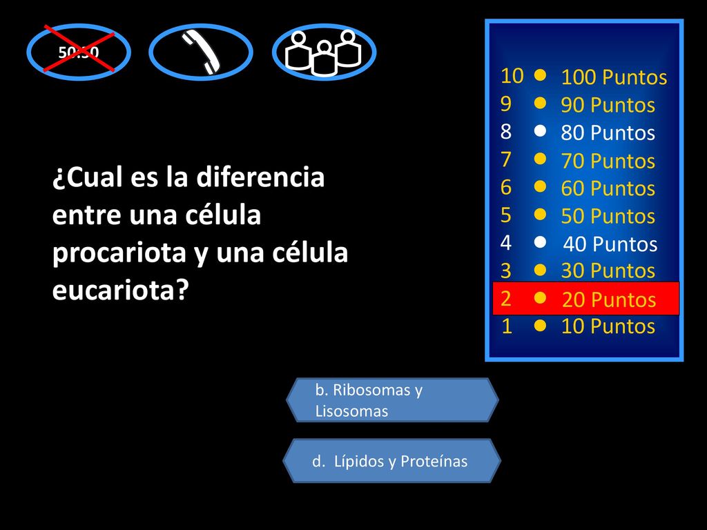 50: Puntos Puntos Puntos Puntos. ¿Cual es la diferencia entre una célula procariota y una célula eucariota