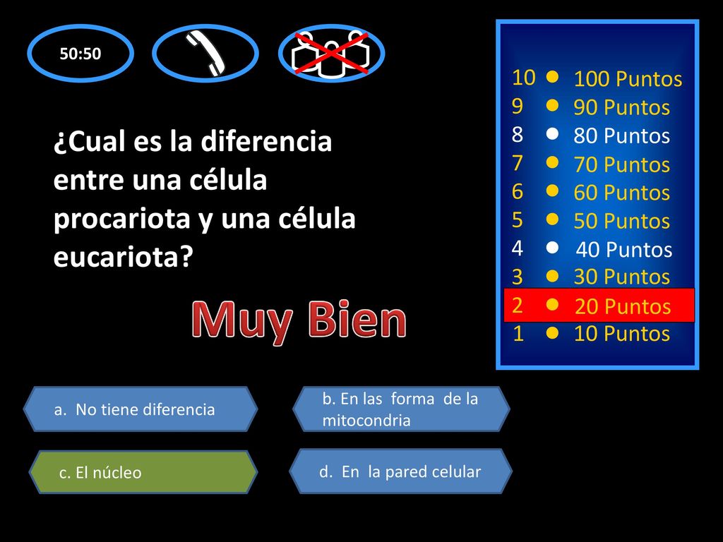 50: Puntos Puntos. ¿Cual es la diferencia entre una célula procariota y una célula eucariota