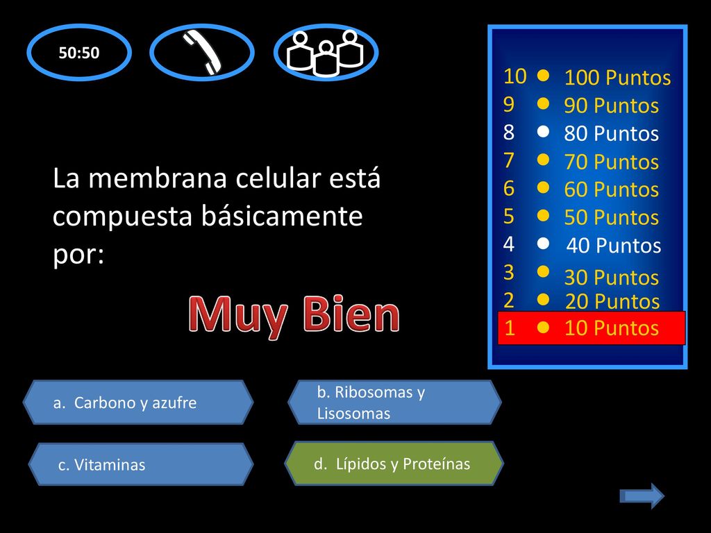 Muy Bien La membrana celular está compuesta básicamente por: 10