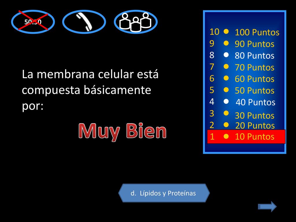 Muy Bien La membrana celular está compuesta básicamente por: 10