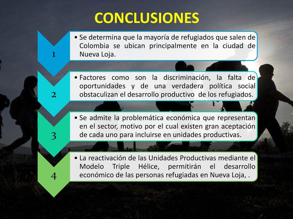 CONCLUSIONES 1. Se determina que la mayoría de refugiados que salen de Colombia se ubican principalmente en la ciudad de Nueva Loja.