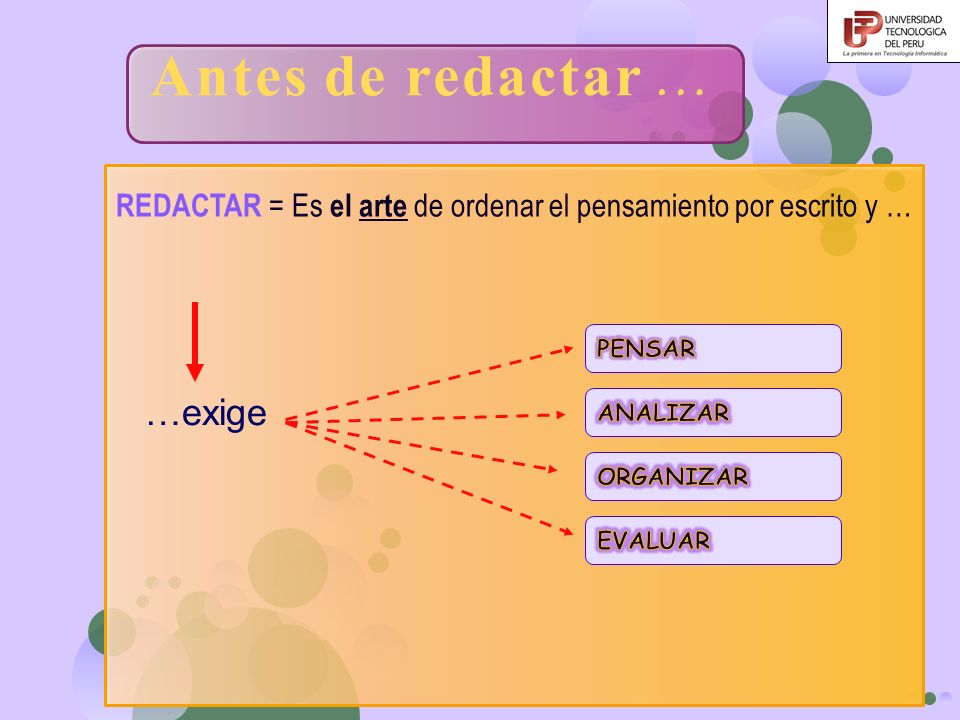 REDACTAR = Es el arte de ordenar el pensamiento por escrito y …