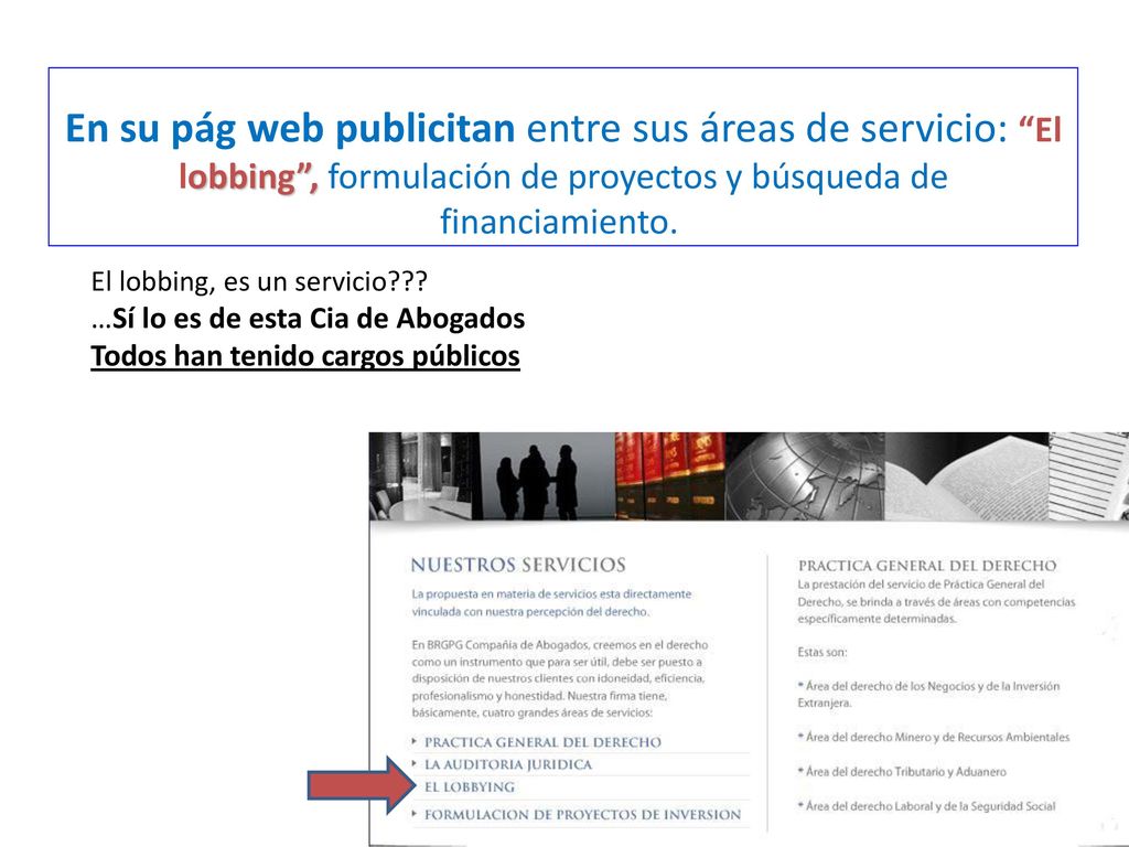 En su pág web publicitan entre sus áreas de servicio: El lobbing , formulación de proyectos y búsqueda de financiamiento.