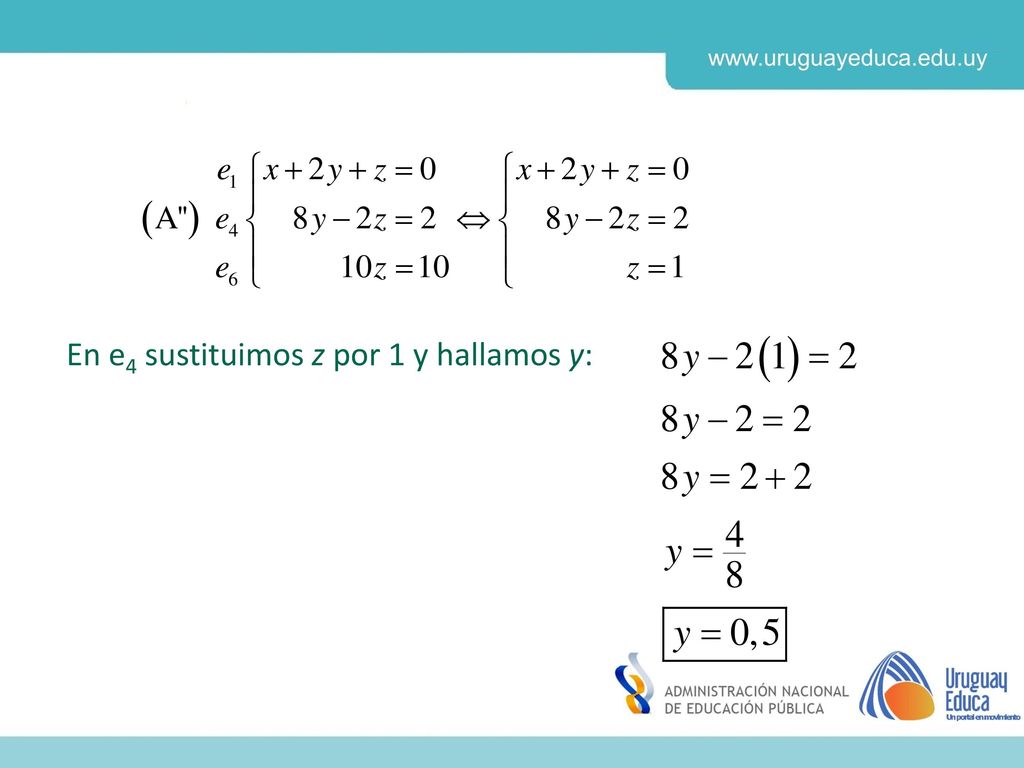 En e4 sustituimos z por 1 y hallamos y: