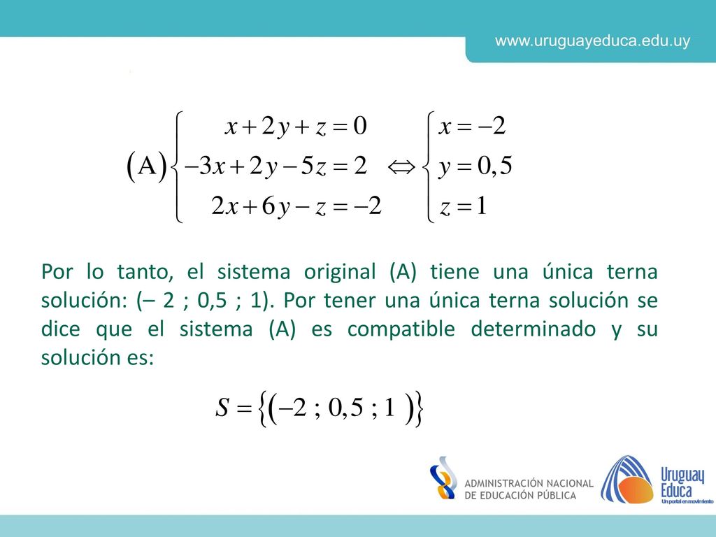 Por lo tanto, el sistema original (A) tiene una única terna solución: (– 2 ; 0,5 ; 1).
